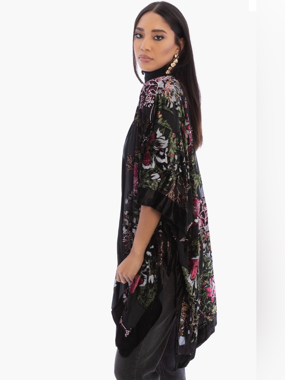 Saachi Ione Velvet Burnout Ruana Black Floral Kimono Jacket Cover Up OS - Picture 3 of 11